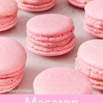 Pinterest graphic showing pink macarons on a white countertop.