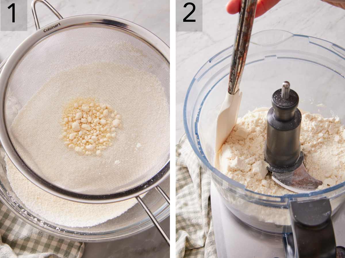 Set of two images showing almond flour and powdered sugar sifted and blitzed in a food processor.