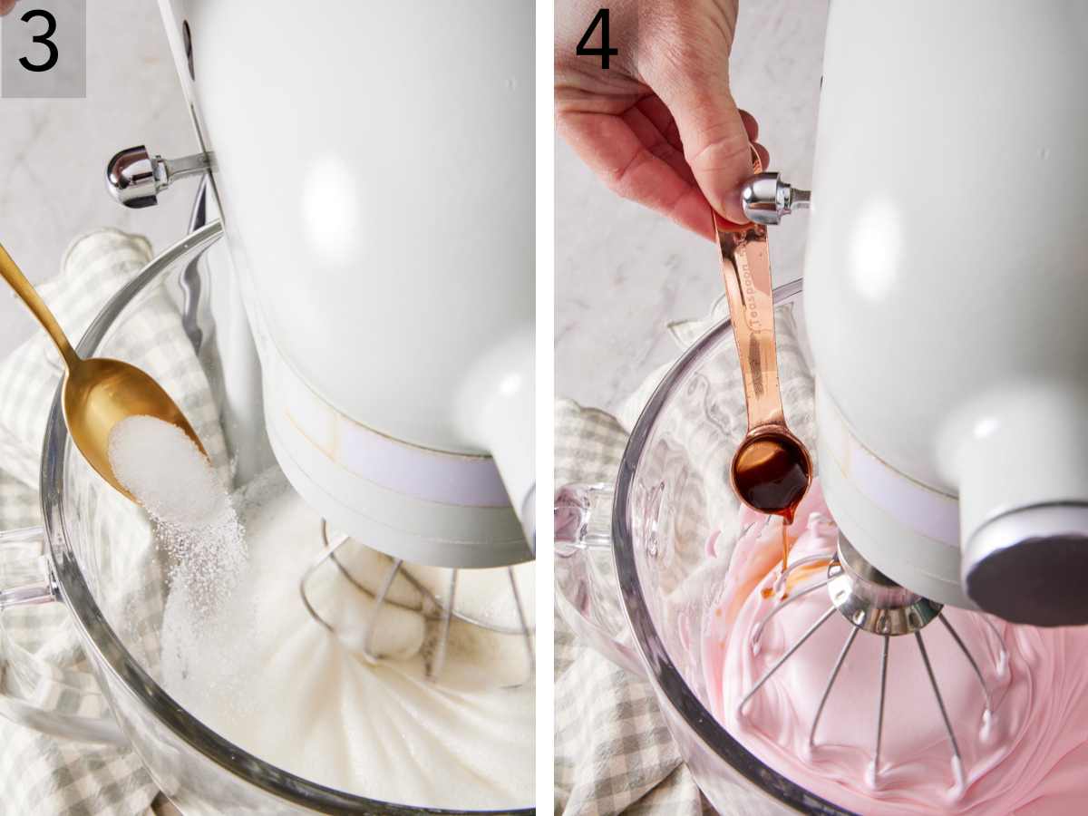 Set of two images showing sugar added to other ingredients in a stand mixer, followed by vanilla extract.