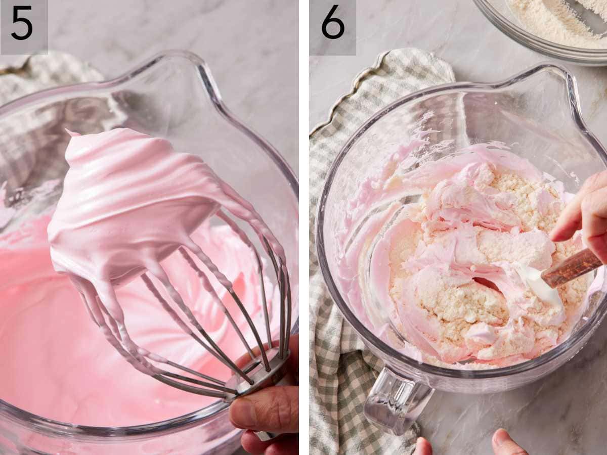 Set of two images showing mixture whipped to stiff peaks, and almond flour mixture folded in.