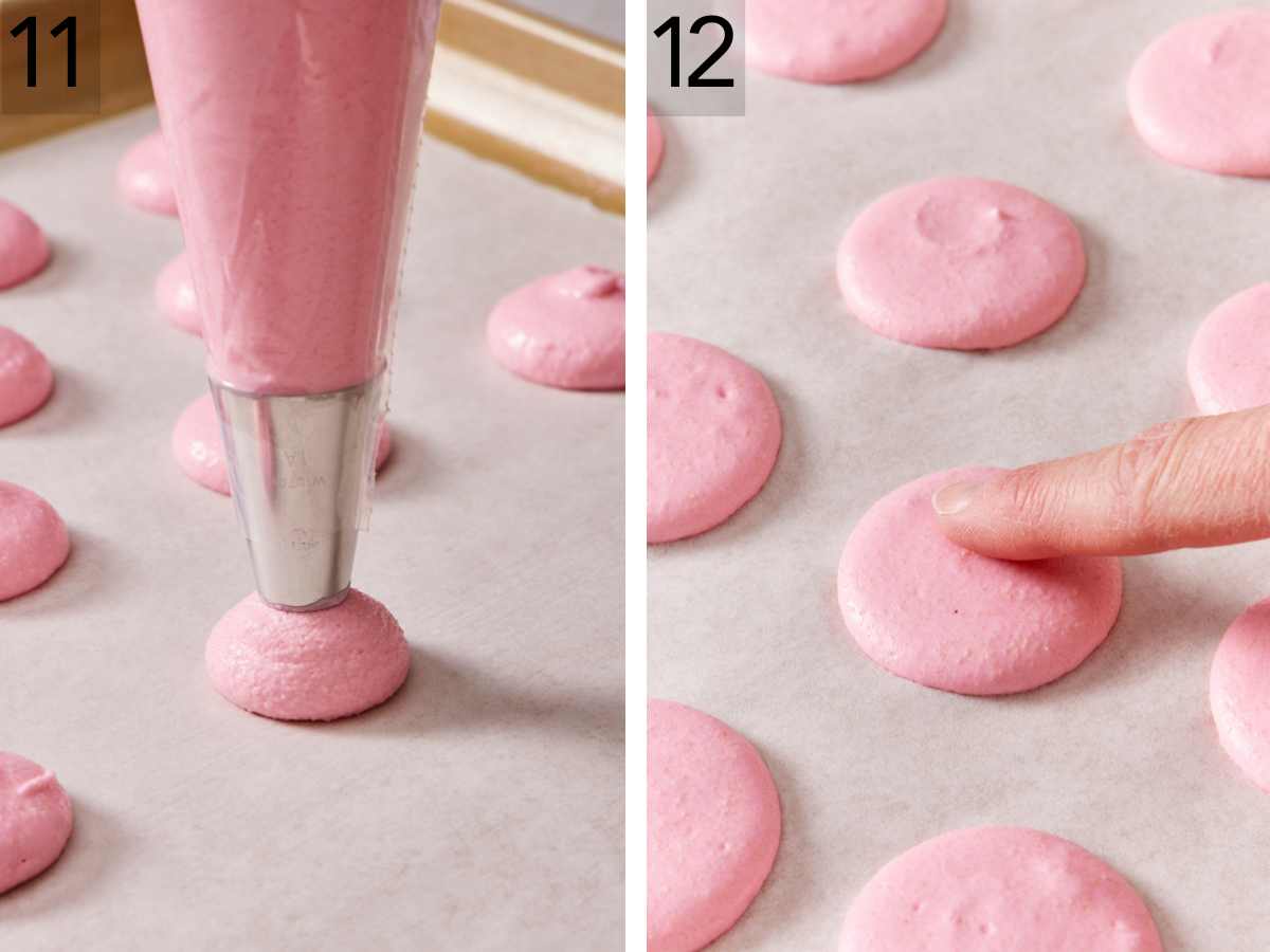 Set of two images showing the batter piped and tested after drying.