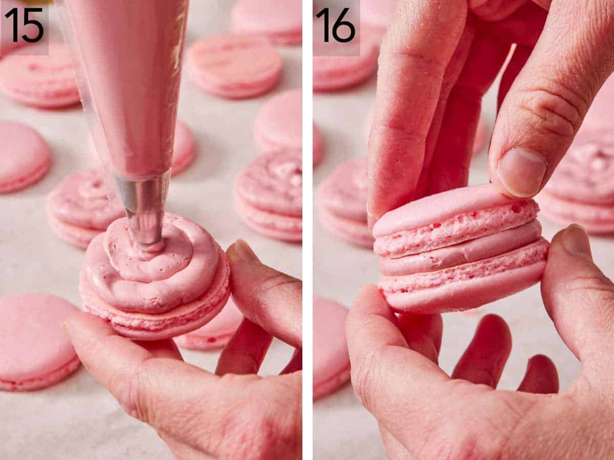 Set of two images showing frosting piped onto one macaron cookie, and another cookie placed on top to create a sandwich.