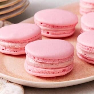 Close-up of French macarons on a platter.