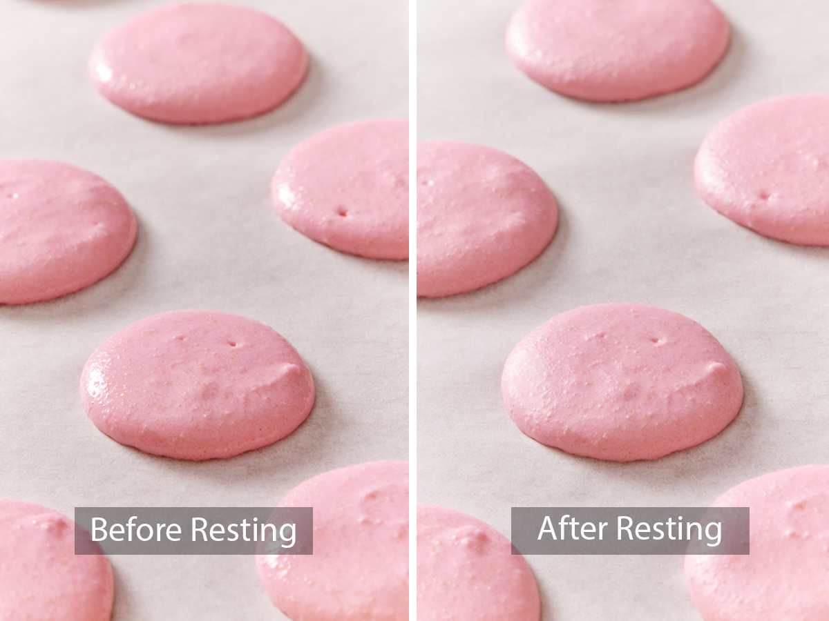 Set of two images showing the piped macaron batter before and after resting.