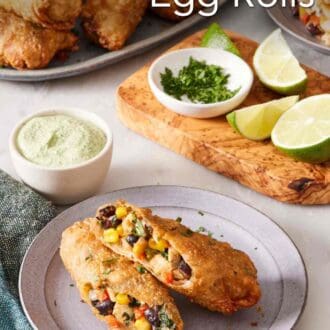 Pinterest graphic showing a halved southwest egg roll on a plate with the filling showcased.
