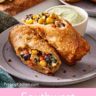 Pinterest graphic showing a close-up of a cut southwest egg roll on a plate with a small container of dipping sauce.