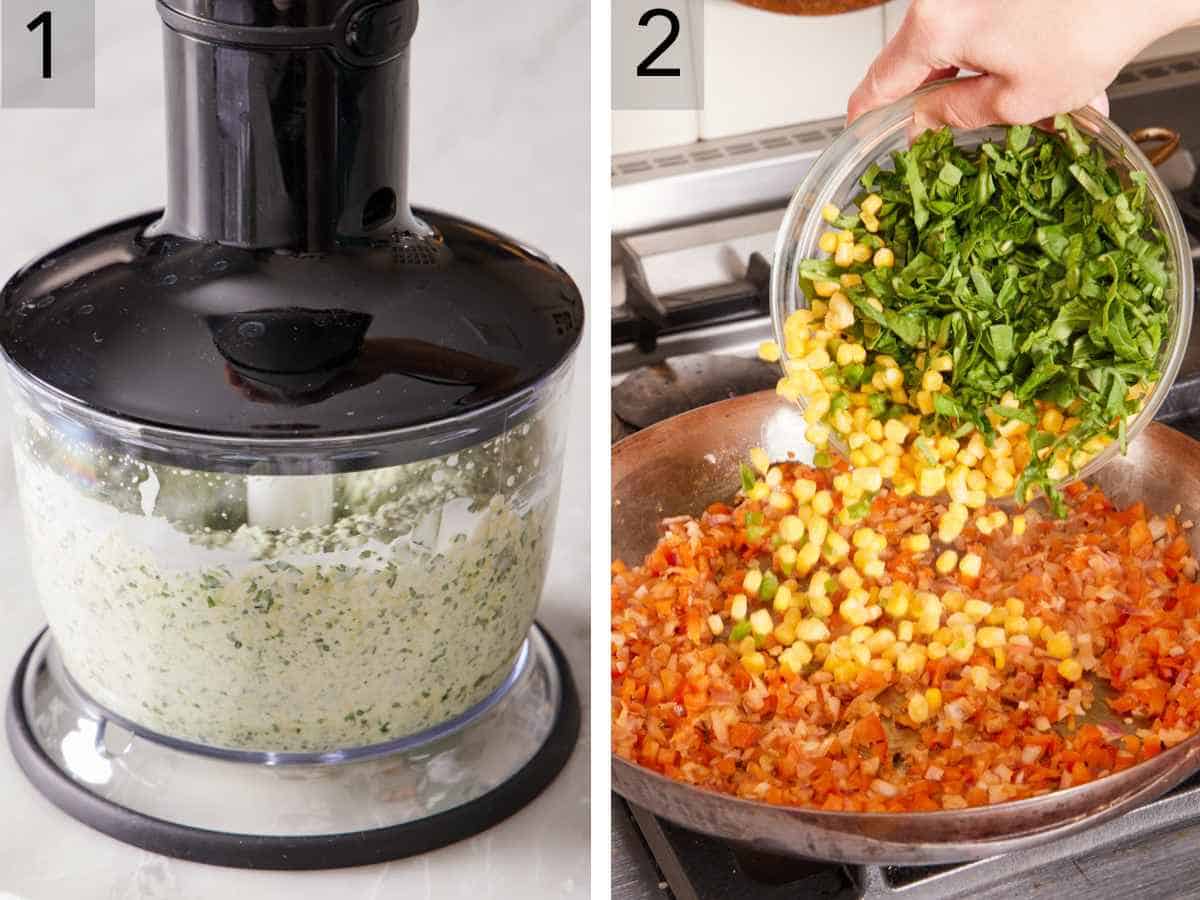 Set of two images showing sauce made in a small food processor, and the filling made in a skillet on the stove.