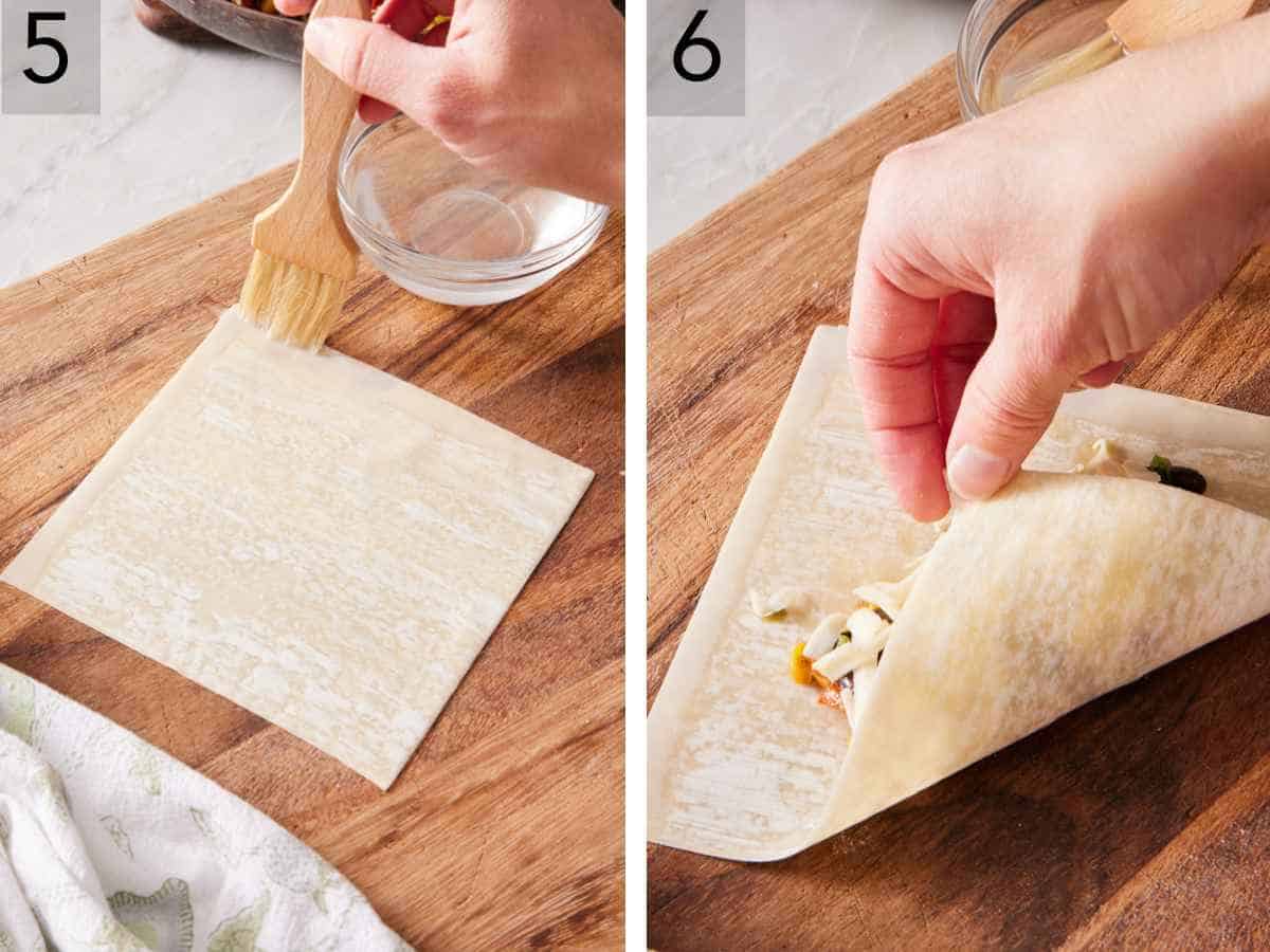 Set of two images showing the wrapper brushed with water, and the wrapper folded over the filling.