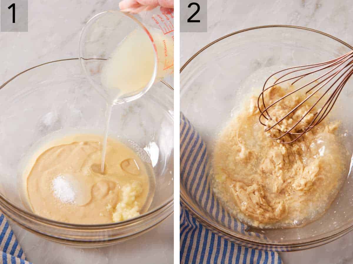 Set of two images showing tahini sauce ingredients added to a glass bowl and whisked together.