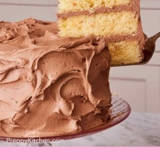 Pinterest graphic showing a yellow cake on a cake stand with one slice being lifted out.