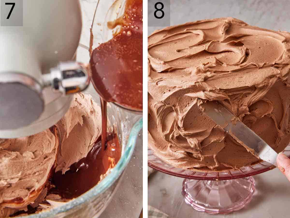 Set of two images showing cocoa mixture added to other frosting ingredients, and yellow cake frosted with an offset spatula.