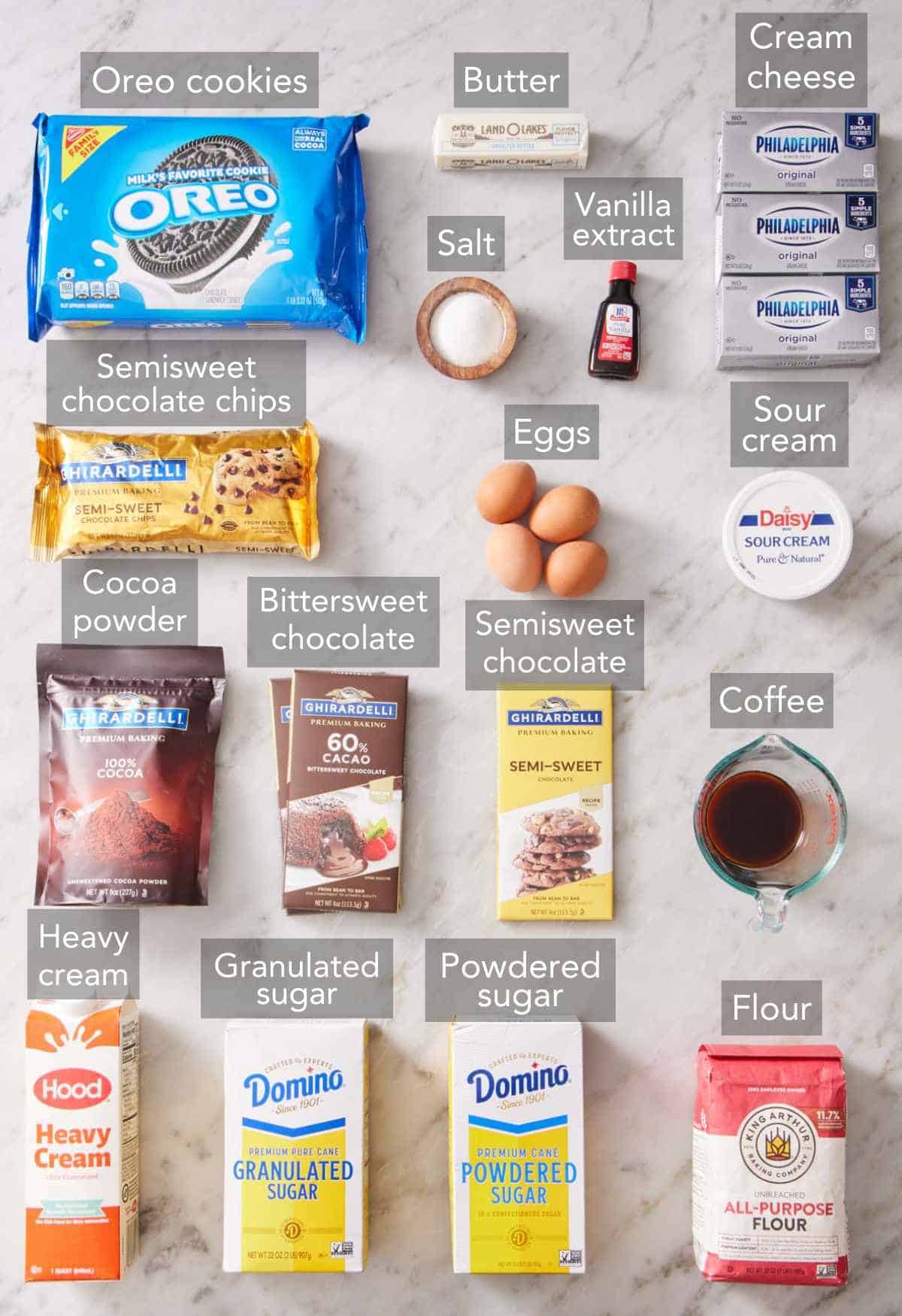 Ingredients for chocolate cheesecake.