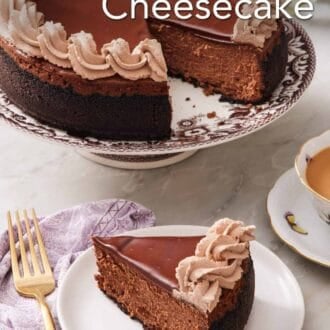 Pinterest graphic showing a slice of chocolate cheesecake on a plate with the rest of the cake on a stand behind it.