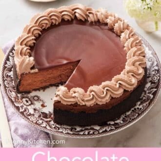 Pinterest graphic showing an overhead view of chocolate cheesecake with a slice cut out.