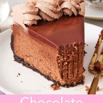 Pinterest graphic showing a close-up of a slice of chocolate cheesecake with a forkful removed.