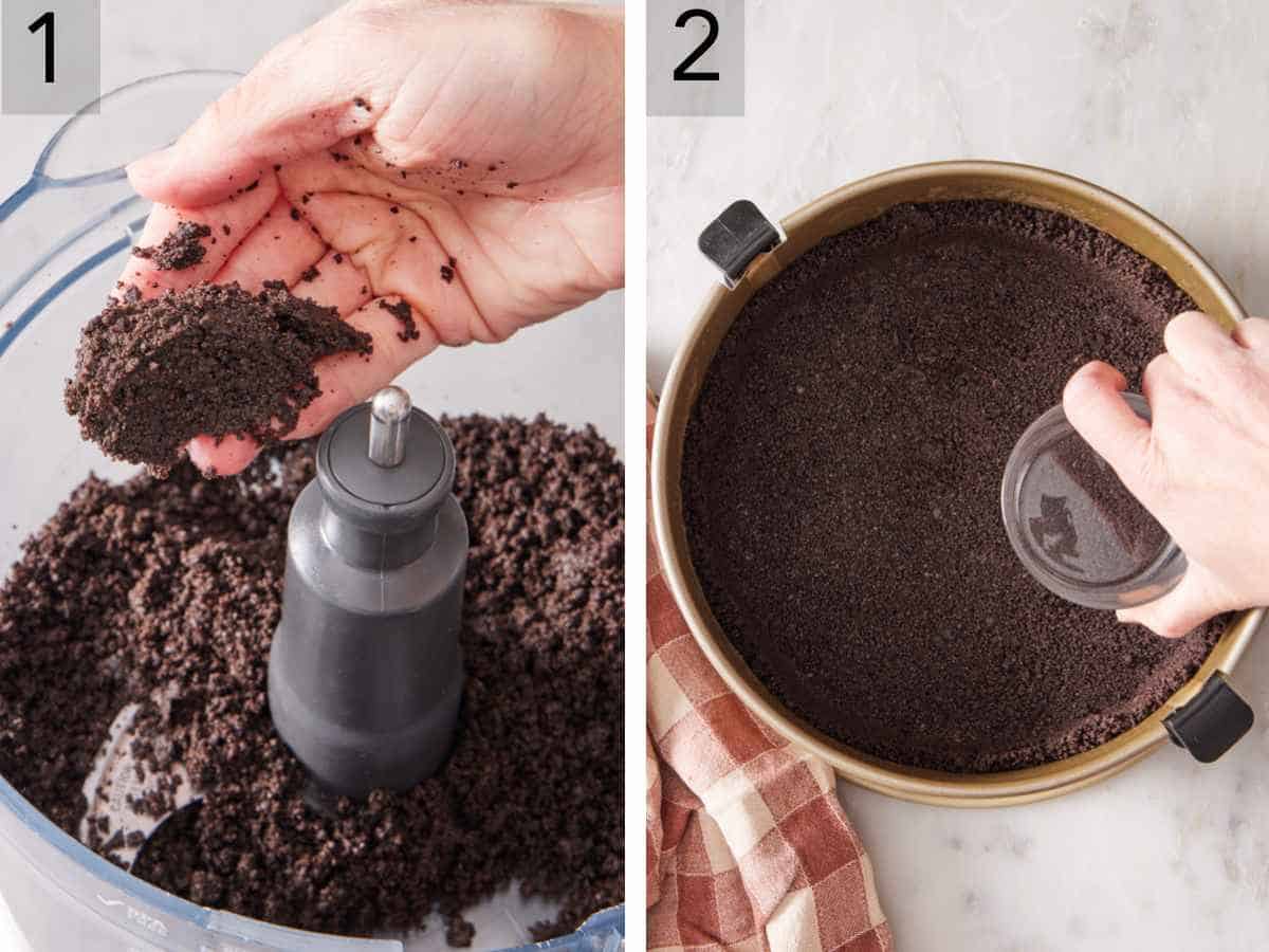 Set of two images showing Oreo crumbs pulverized in a food processor, and the cookie crust pressed to the bottom of a springform pan.
