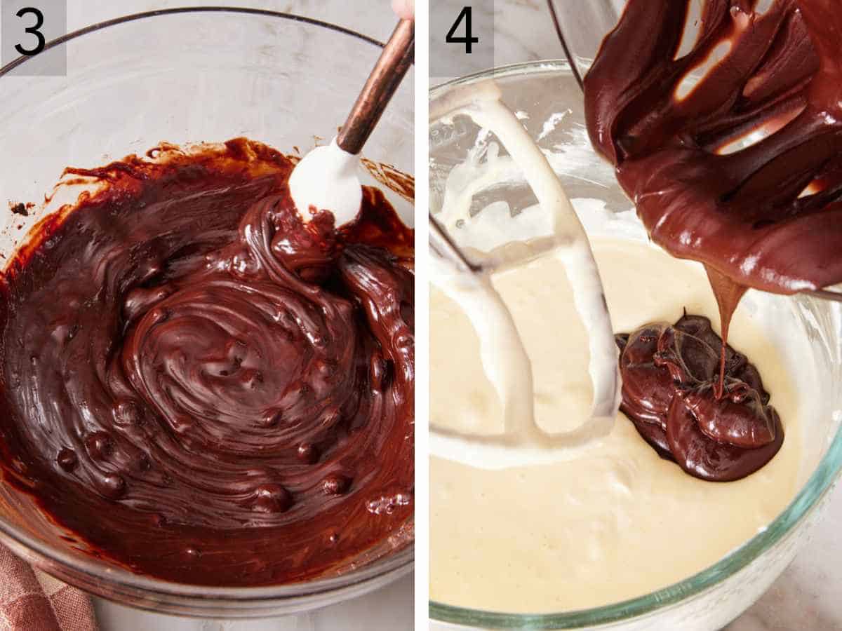 Set of two images showing melted chocolate stirred in a bowl, and added to the cheesecake batter.