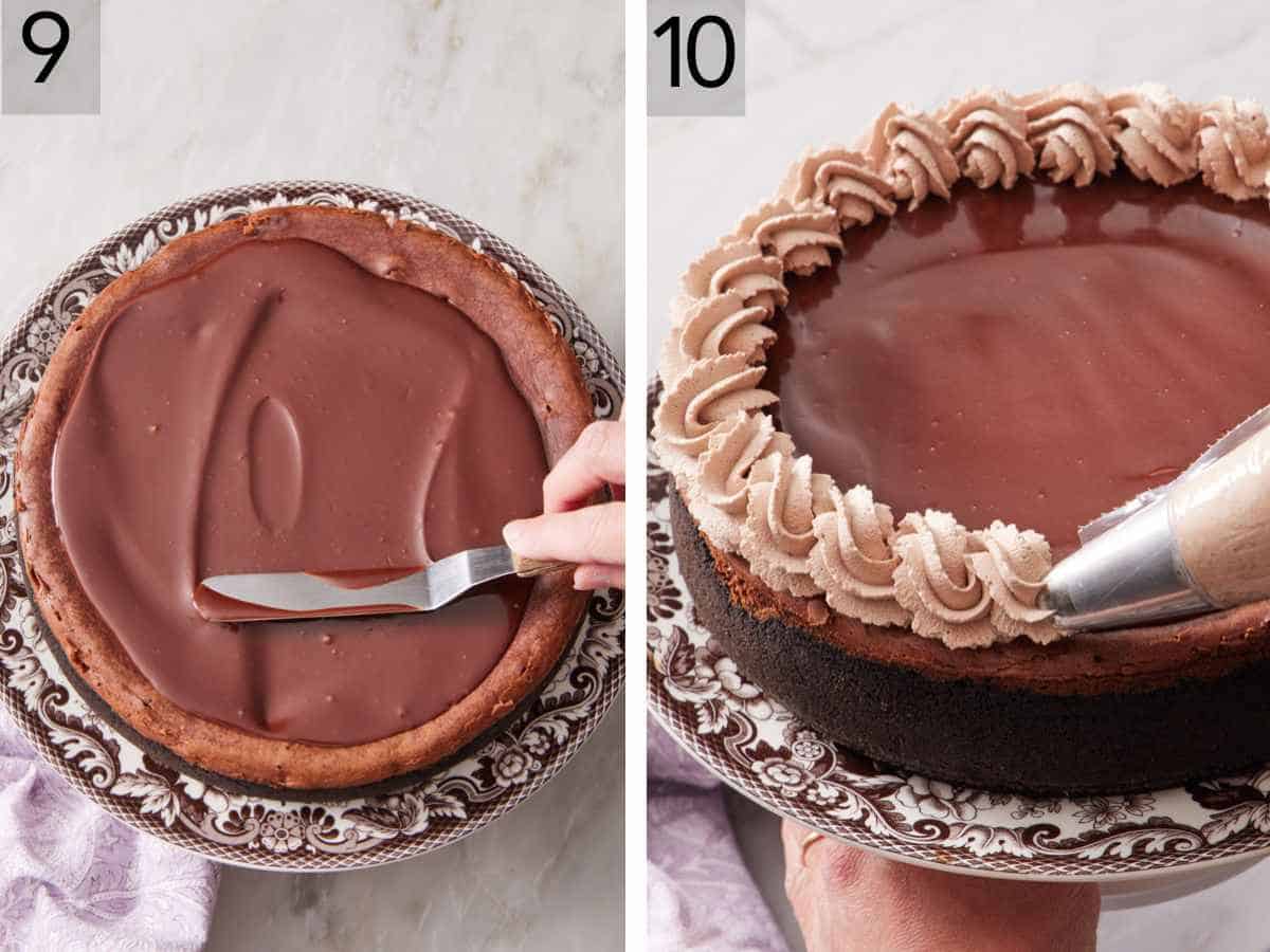 Set of two images showing ganache spread on top of the cheesecake, and chocolate whipped cream piped along the edges.