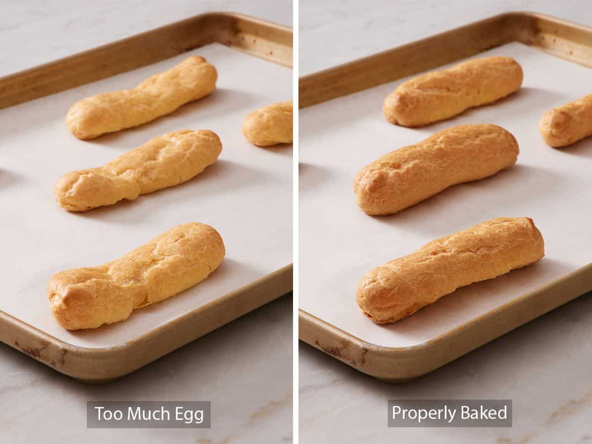 Set of two images showing eclairs made with too much egg, versus properly baked.