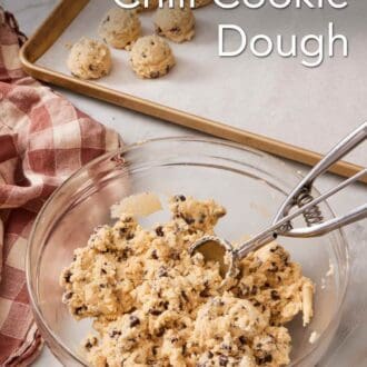Pinterest graphic showing cookie dough in a bowl with some scooped into balls behind it.