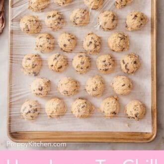 Pinterest graphic showing cookie dough balls on a lined cookie sheet covered with plastic wrap to show how long to chill cookie dough.