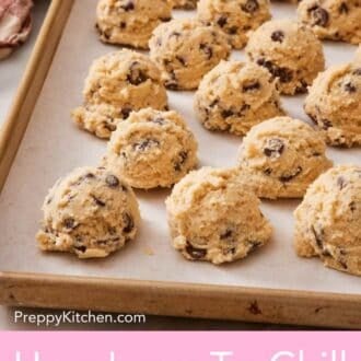 Pinterest graphic showing scooped cookie dough balls on a parchment-lined cookie sheet.