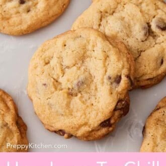 Pinterest graphic showing an overhead shot of baked cookies on a countertop.