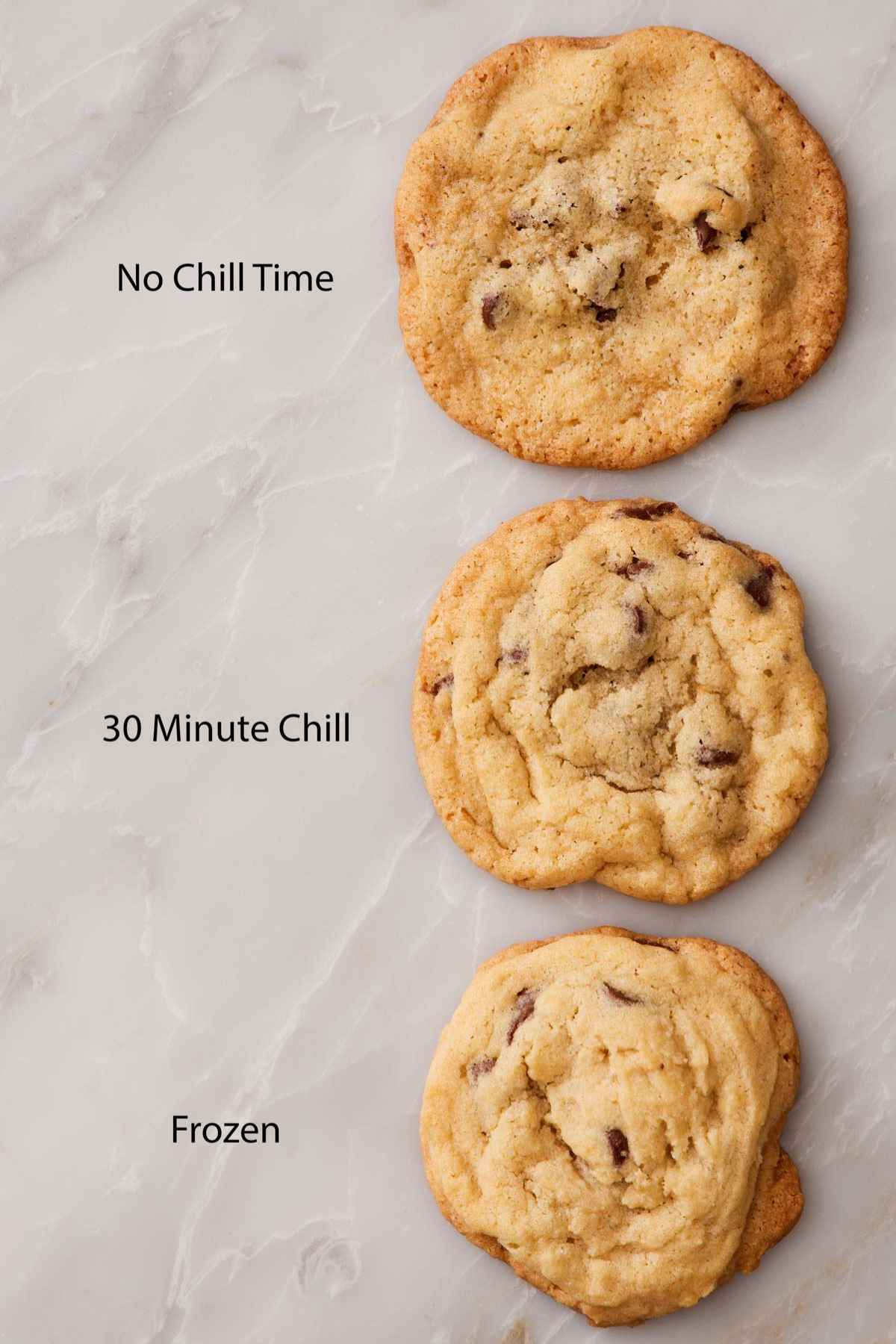 Three baked cookies showing how no chill time, 30 minutes of chill time, and freezing affects spread.