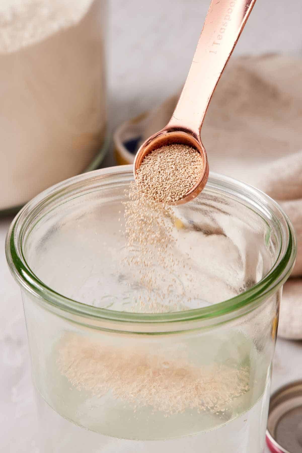 Close up of yeast sprinkled into a jar of water.