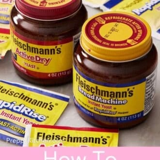 Pinterest graphic showing two jars of yeast with lots packets of yeast around them.
