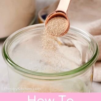 Pinterest graphic showing yeast sprinkled into a glass jar.