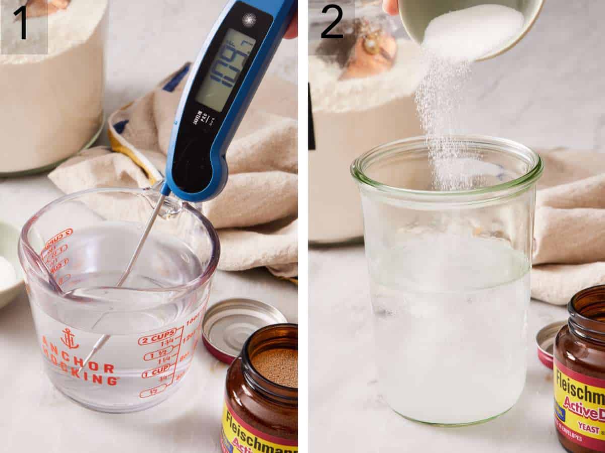 Set of two images showing water temperature checked with a thermometer, and water sprinkled into the jar with the water.