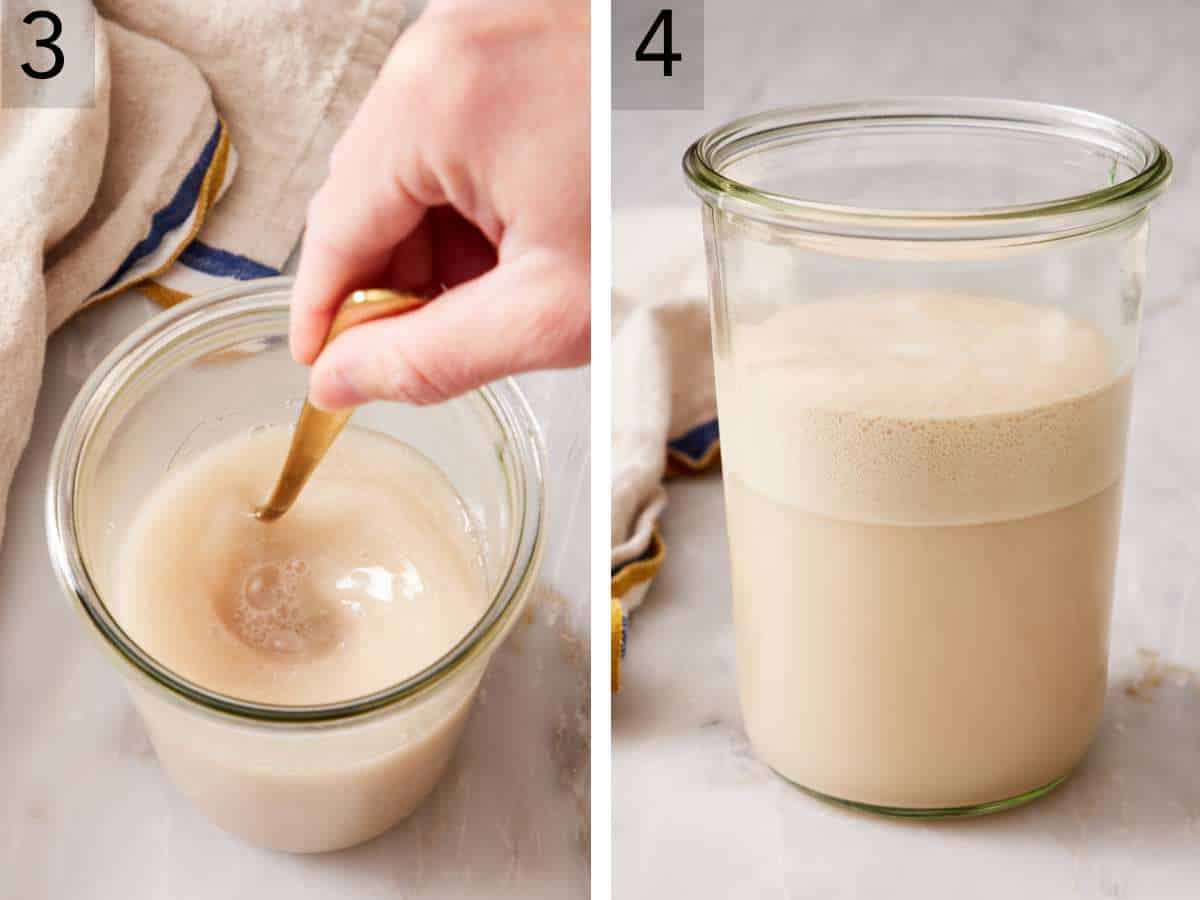 Set of two images showing the yeast mixture stirred, and the bloomed yeast in a jar with a foamy top.