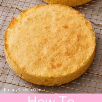 Pinterest graphic showing layers of yellow cake cooling on a wire rack.