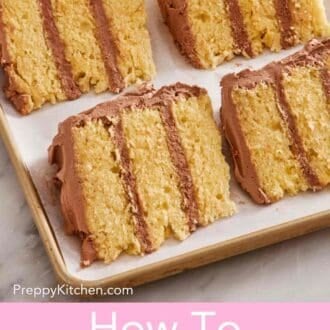 Pinterest graphic showing slices of frosted yellow cake on a lined baking sheet to prepare for flash freezing.