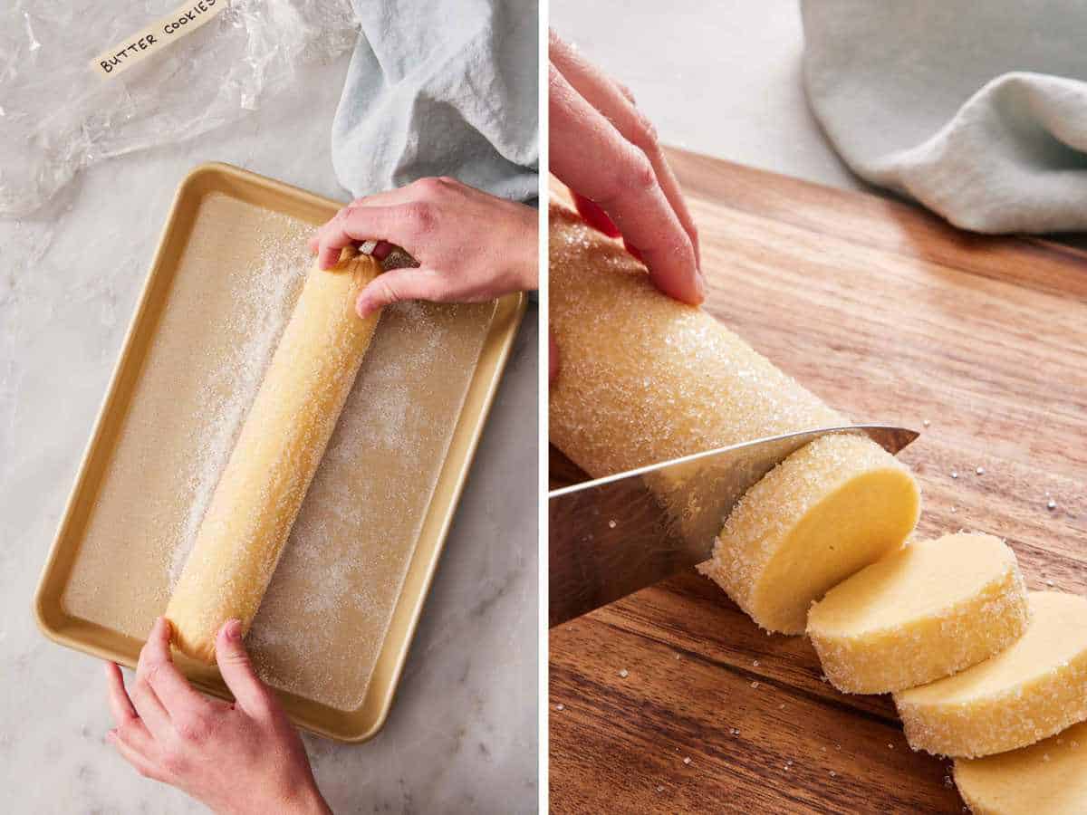 Set of two images showing dough log rolled in sugar and then sliced.