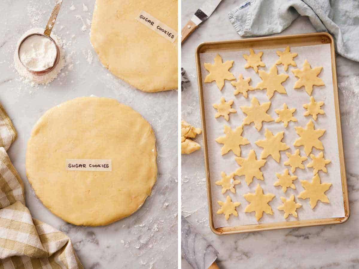 Set of two images showing a disc of sugar cookie dough with another partially in frame, and the dough cut out into snowflake shapes laid on a lined baking sheet.