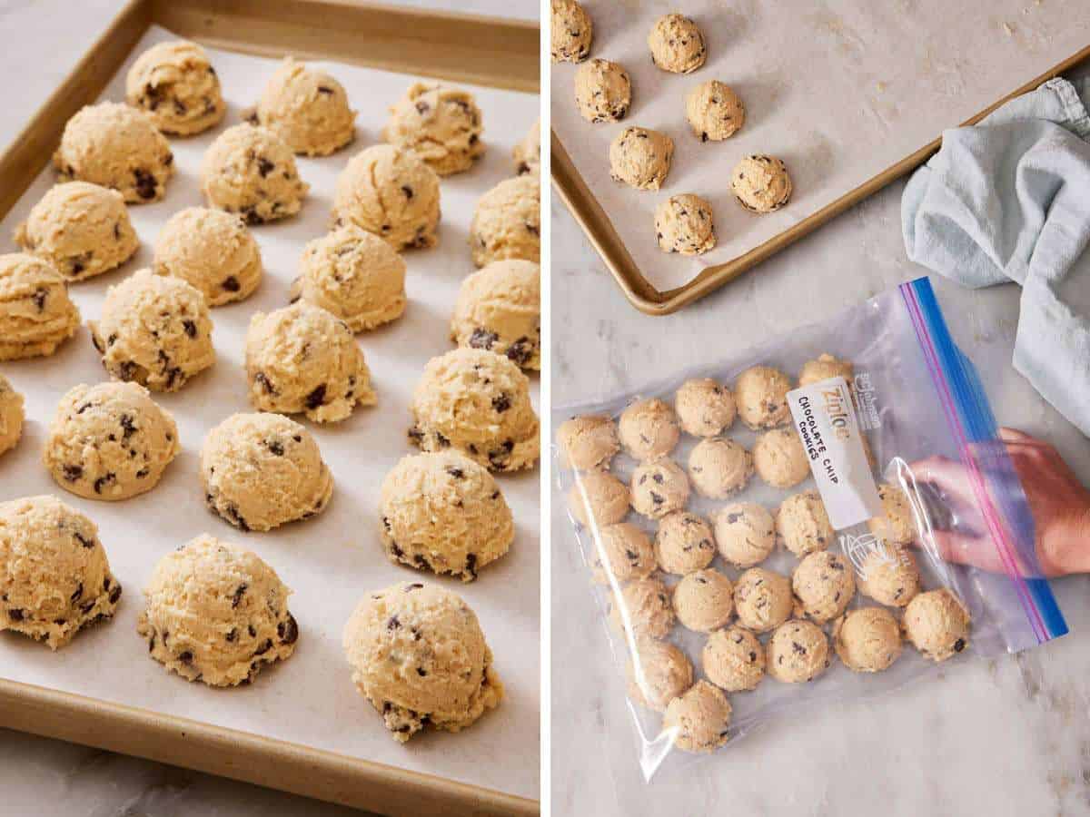 Set of two images showing scooped chocolate chip cookie dough on a baking sheet, and placed in a freezer bag.
