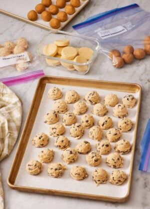 Cookie dough balls on a lined cookie sheet, some in a container, and others in freezer bags.