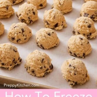 Pinterest graphic showing chocolate chip cookie dough balls on a lined baking sheet.