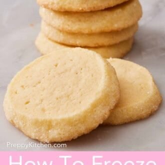 Pinterest graphic showing a stack of butter cookies with two in front.
