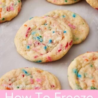 Pinterest graphic showing several funfetti cookies on a white counter.