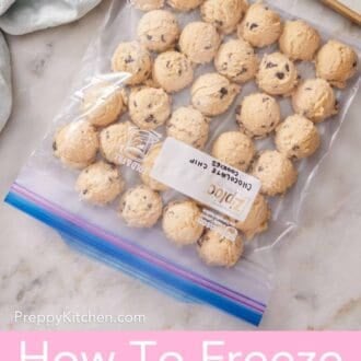 Pinterest graphic showing frozen chocolate chip cookie dough balls in a freezer bag.