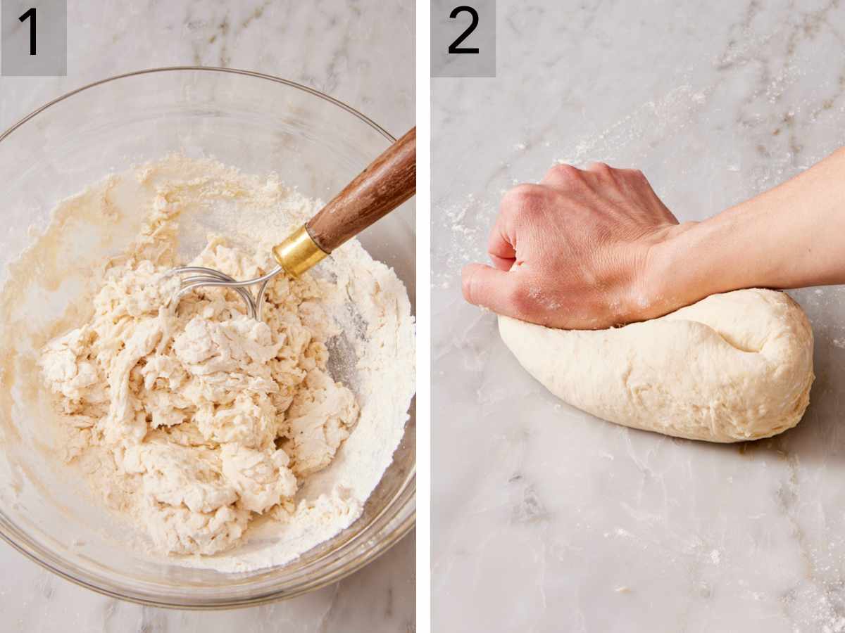 Set of two images showing how to knead dough by hand, by mixing the ingredients in a bowl and then beginning to hand-knead.