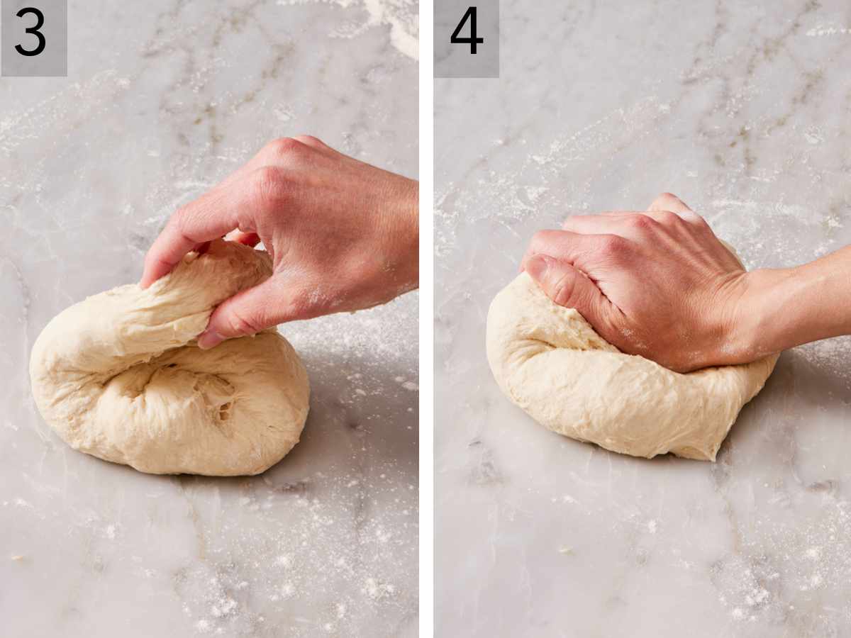 Set of two images showing how to knead dough by hand.