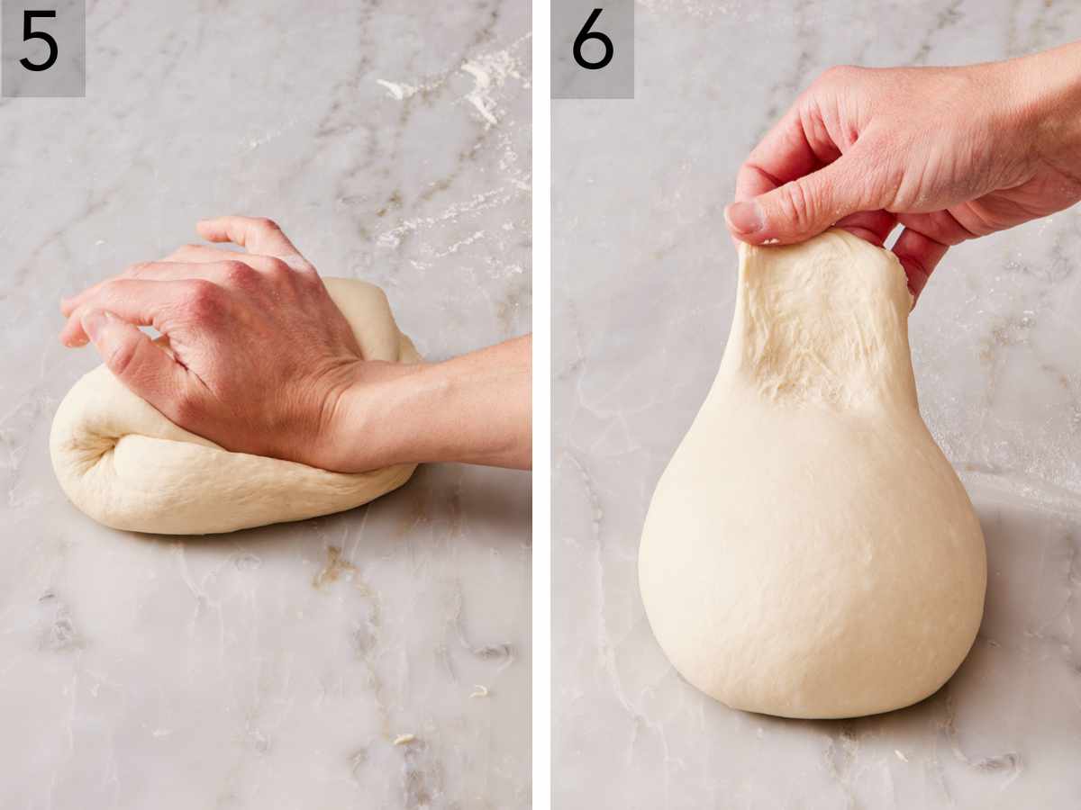 Set of two images showing how to knead dough by hand, including how elastic the dough should be at the end of kneading.