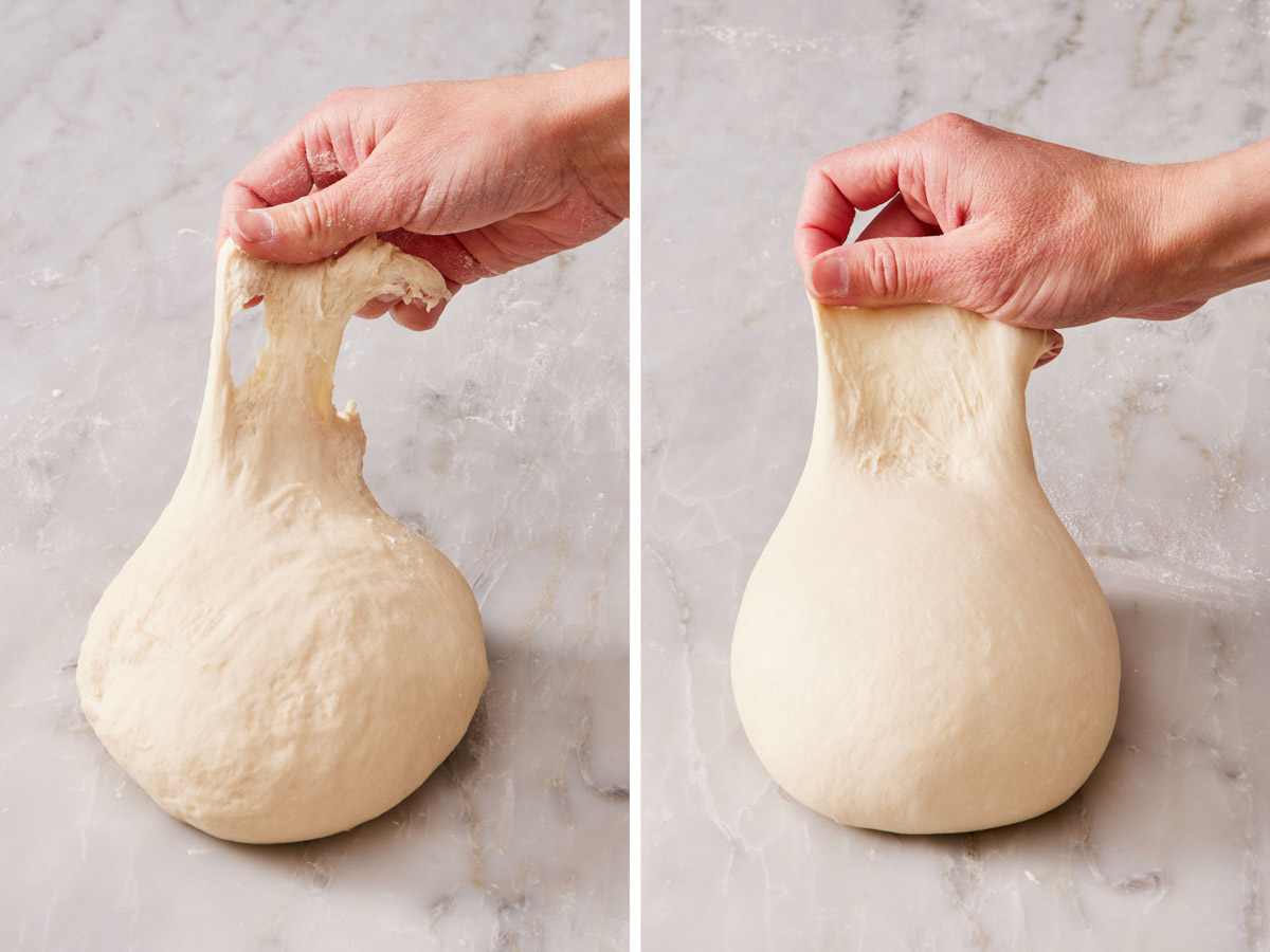 Set of two images showing hand-kneaded dough that is correctly and incorrectly kneaded.