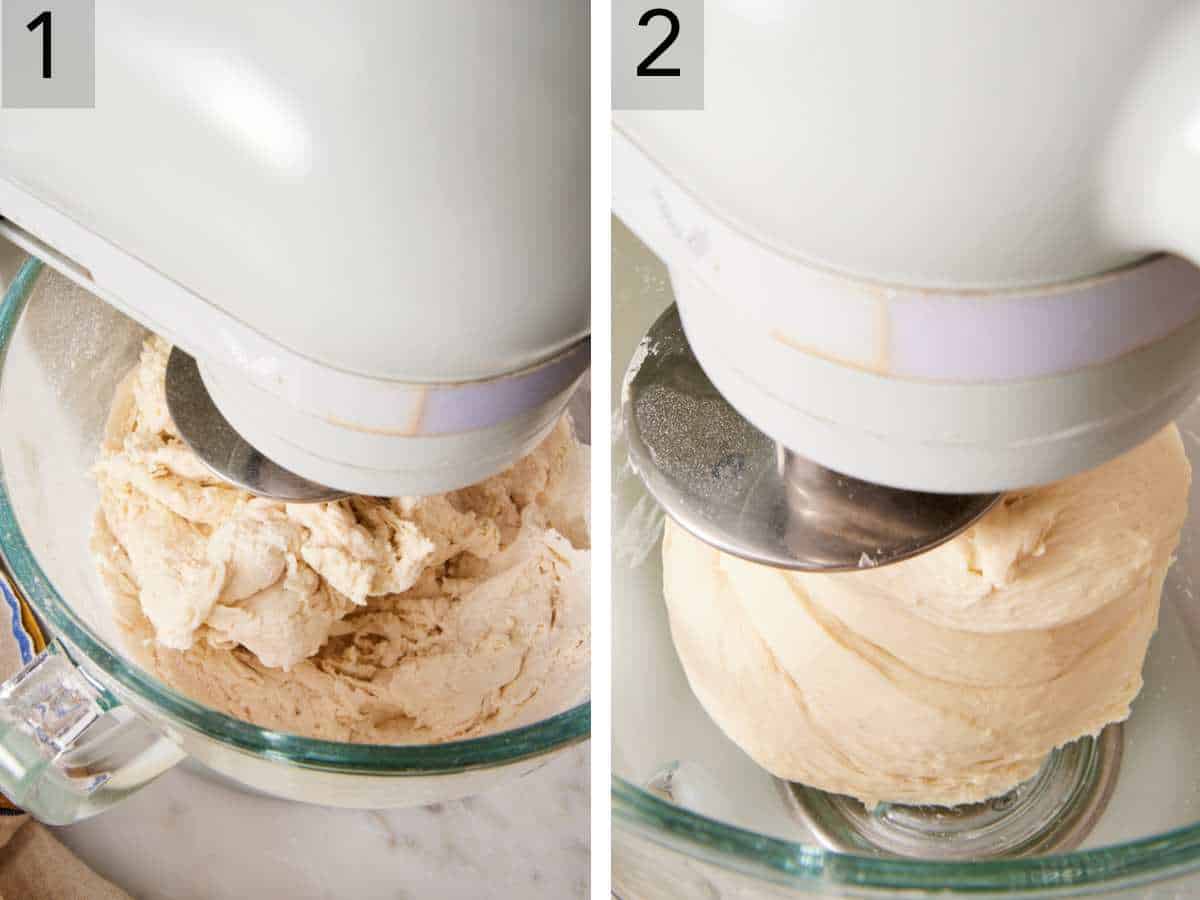 Set of two images showing how to knead dough in a mixer.