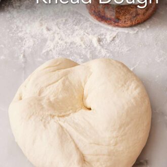 Pinterest graphic showing a ball of dough on a marble countertop with flour sprinkled around.