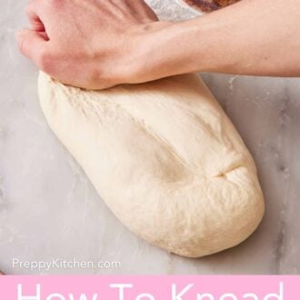 Pinterest graphic showing hand-kneading dough on a countertop with a measuring cup of flour next to it.